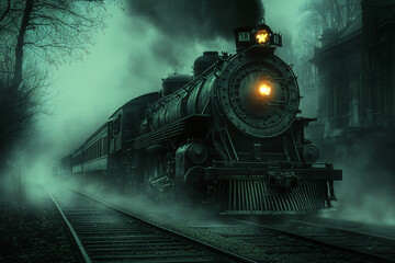Naklejka premium Gothic train from the last century, front view, The train radiates a gloomy, eerie and ghostly atmosphere with dimly glowing lanterns and thick fog around it.