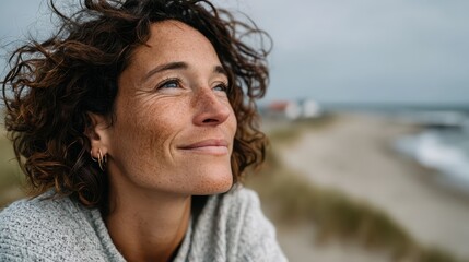 A joyful woman with curly hair gazes serenely towards the ocean, embodying happiness and connection with nature against a beautiful beach backdrop.
