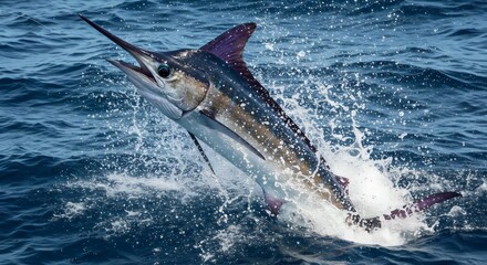 Fototapeta premium Big Game Fishing Scene Featuring a Leaping Marlin in Tropical Waters with Blue Ocean Background