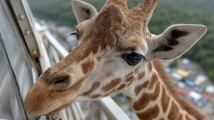 Obraz premium An inquisitive giraffe explores its surroundings from a high vantage point, giving a unique perspective of both the animal and the landscape below.