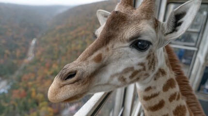 Obraz premium A stunning close-up of a giraffe looking through a window at a picturesque autumn landscape, showcasing the beauty of nature and wildlife in perfect harmony.