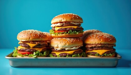 Tray Stack burger on plate on turquoise blue background