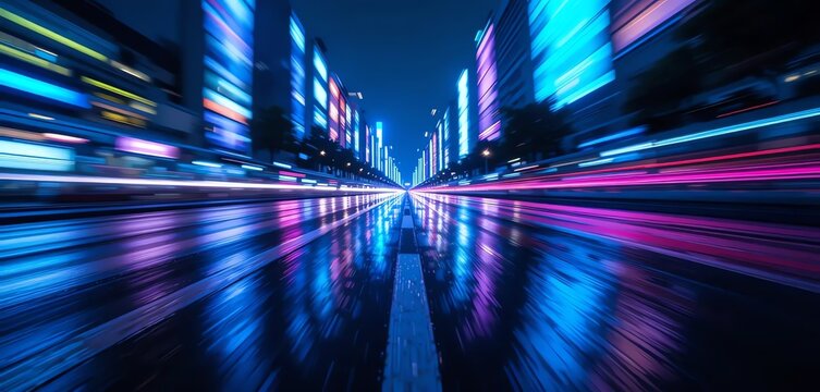 Motion blur background concept of a Neon city nightscape capturing vibrant light trails and modern urban architecture perspective