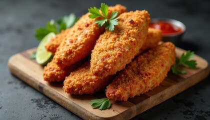 High stack of crispy chicken breasts on wooden board top view on charcoal gray background