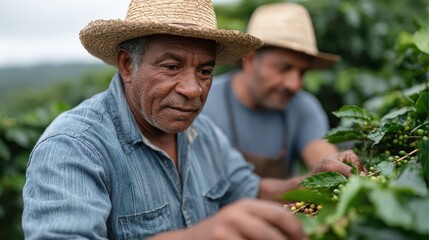 An experienced farmer nurturing young coffee plant seeds, representing the artistry and care involved in growing high-quality coffee in a scenic agricultural setting.