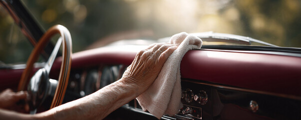 Closeup of elderly hands carefully cleaning a vintage cars interior.  Warm sunlight bathes the scene, emphasizing the meticulous care and nostalgic connection to the classic automobile.