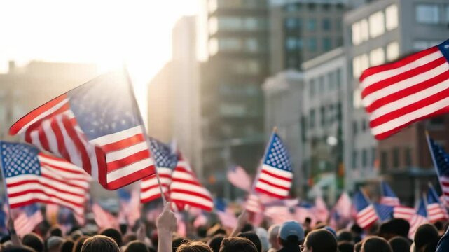 Crowd of people waving American flags at a public demonstration, symbolizing patriotism and unity, with a blurred cityscape in background, creating an atmosphere of civic engagement and celebration