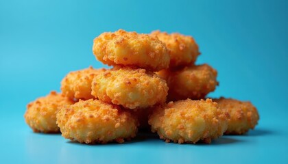 Stack of crispy chicken nuggets in top view on blue background