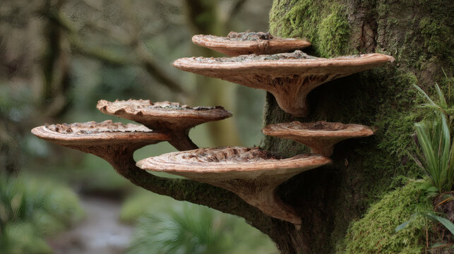 Shelf Mushrooms on Mossy Tree.