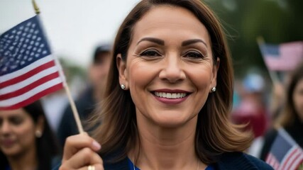 Elderly woman with gray hair is smiling and holding a small American flag, wearing a denim jacket, amidst a lively outdoor event, showcasing a sense of community and national pride in the atmosphere - Powered by Adobe