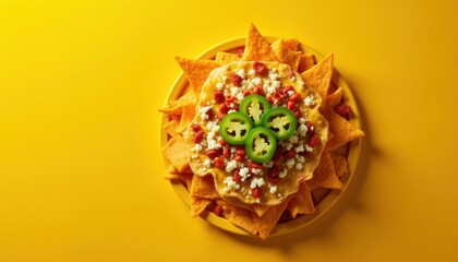 Tray of savory Nachos with cheese and jalapenos white plate on yellow background