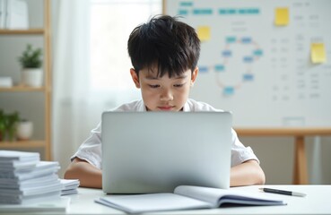 Asian schoolboy uses laptop at home for online education. Child student homework, studying. Concept of homeschooling, distance learning, e-learning, digital technologies for kids. Young boy using