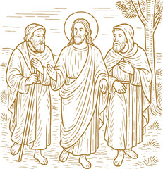 Fototapeta premium On the Road to Emmaus - golden vector illustration Encounter on the road to Emmaus. Jesus and two disciples on the road to Emmaus