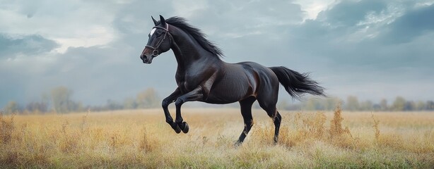Obraz premium Black horse runs full gallop on field,