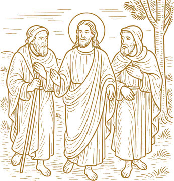 On the Road to Emmaus - golden vector illustration Encounter on the road to Emmaus. Jesus and two disciples on the road to Emmaus