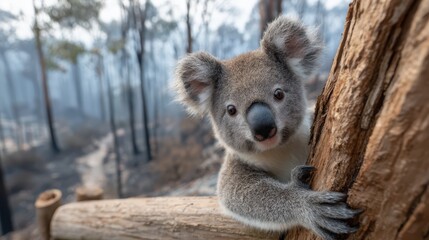In a burnt forest, a koala clings to a log, visually demonstrating its survival instinct and the challenges wildlife face in the aftermath of environmental disasters like wildfires.