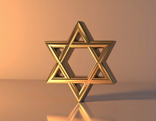 A golden Star of David stands upright on a glossy surface, illuminated by warm ambient lighting that casts a soft reflection and emphasizes its symbolic significance.