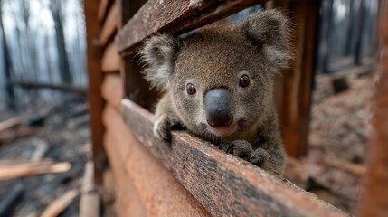 Obraz premium A curious koala gazes inquisitively through a wooden frame, highlighting the struggle for survival in a post-fire landscape and the resilience of our wildlife.