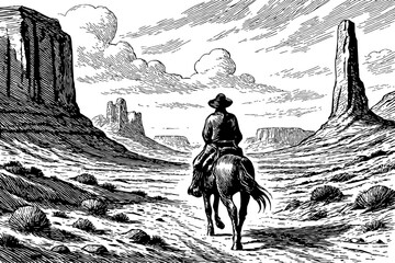 Silhouetted Cowboy Rider on Horseback Against a Colorful Desert Landscape at Sunset Scenery