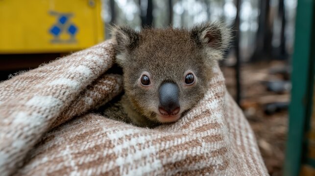 A rescued koala snuggled in a cozy blanket illustrates the bond between humans and wildlife, emphasizing care, empathy, and the crucial support provided to injured animals post-disaster.