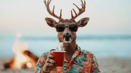 A trendy deer in stylish shades poses by a beach campfire, fully embracing the delightful summer vibes