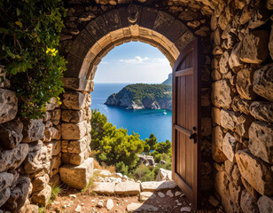 An ancient stone archway with a wooden door opens to a breathtaking view of the blue sea, lush cliffs, and a distant sailboat under the clear sky.