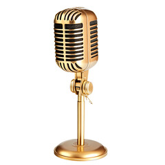 Fototapeta premium A golden vintage microphone on a stand, isolated on transparent background