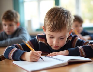 Young boy writes in notebook with pencil in classroom. Kids study at desk in school. Lesson, exam notes. Education, knowledge, growth, child development. Learning, study, math, problem solving,