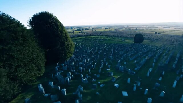 Flying around an abandoned graveyard with an aerial drone, one can see weathered tombstones scattered across the landscape. The cold, damp air is filled with a distant, faint moaning. Generative AI