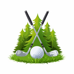 Golf Ball and Crossed Golf Clubs on Grass in a Forest Background
