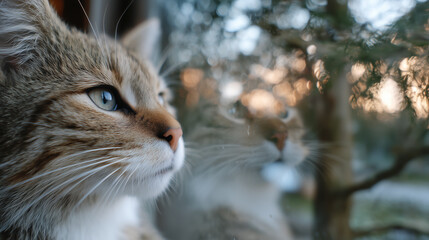 Domestic tabby cat with blue eyes looking out the window at sunset with reflection in the glass