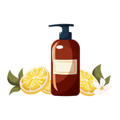 Hand drawn shower gel or shampoo with lemon slices, leaves and flower. Beauty, skincare, bodycare, cleansing concept. Vector illustration in flat style. Fresh cosmetics in cartoon stylisation