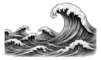 Great Wave off Kanagawa Japanese Woodblock Print with Ocean Waves in Traditional Style
