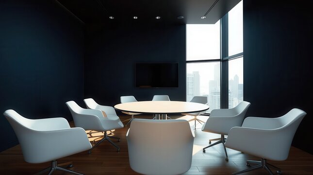 Modern meeting room interior with a round table, white chairs, and a city view through large windows.