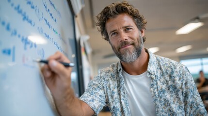 An experienced teacher in a floral shirt writes on a whiteboard, illustrating mathematical concepts in a clear and engaging manner, fostering student understanding.