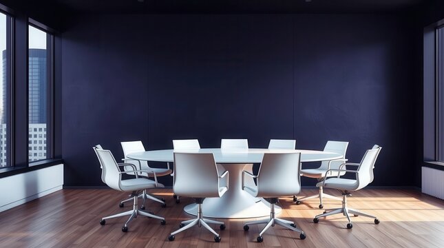 Conference room featuring a round table with modern white chairs, hardwood floors, and cityscape view. - Powered by Adobe