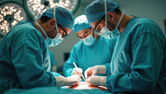 Medical team of men surgeons performing bariatric surgery operation. Doctors wearing medical gowns, masks, eyeglasses, gloves use surgical tools. Patient health treatment in hospital clinic.