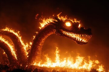 Closeup A massive, multiheaded serpent with bodies made of flames and eyes that burn with an intense, fiery glow. Its hissing breath creates waves of heat that threaten to engulf everything
