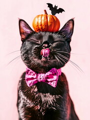 Happy black cat showing his tongue, wearing a pink bow tie with a mini pumpkin and bat on its head, perfect for Halloween themed content, pet fashion, or seasonal social media and marketing visuals.