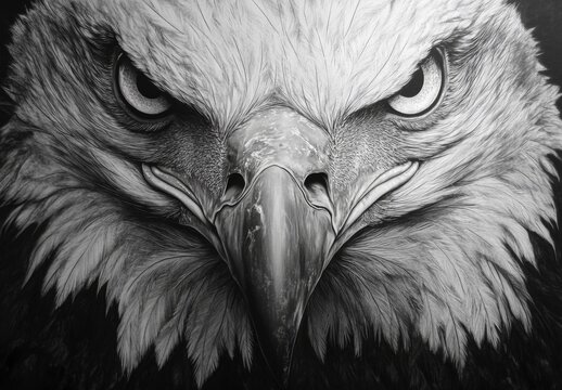 Close-up of bald eagle with intense gaze.