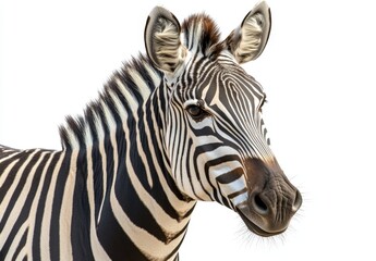 closeup portrait of a zebra isolated on a white background showcasing its exotic black and white pattern ideal for wildlife and nature photography in safari settings