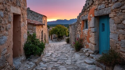 Fototapeta premium An ancient stone alleyway bathed in the warm glow of sunset, lined with lush greenery and colorful blooms, inviting exploration along its winding path.