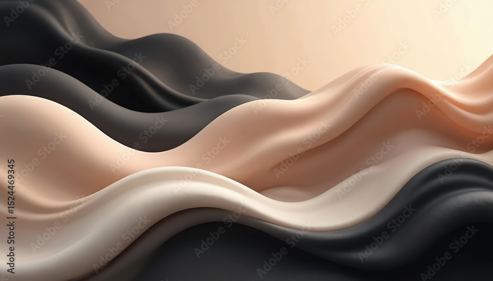 Poster abstract illustration featuring flowing, wavy forms in shades of black, brown, beige, white. subtle 