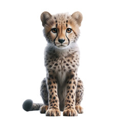Obraz premium A young cheetah, with vibrant eyes and unique spots, sits attentively. The animal displays an inquisitive demeanor, showcasing its charm in a simple studio background