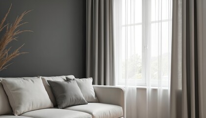 Fototapeta premium Modern living room interior with light curtains, white sofa, pillows, window. Home decor, cozy atmosphere. Blackout curtains block light, complement design. Home furnishing, interior design,