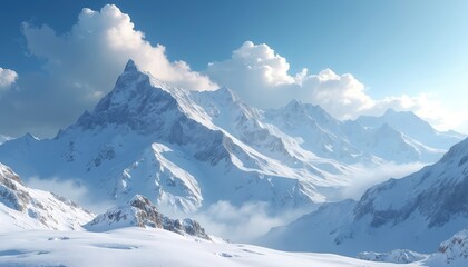 Fototapeta premium Majestic snow mountain range with white peaks. Towering mountain summits with snow-covered slopes, fluffy clouds. Natural scenic landscape with blue sky background. Stunning panorama in winter