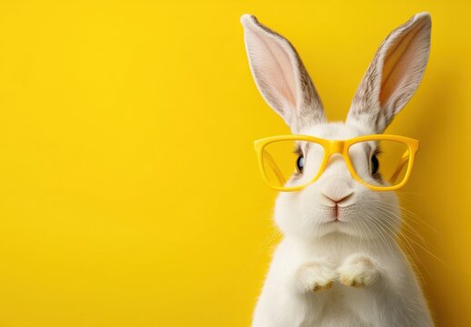 cute white rabbit with yellow glasses isolated on yellow background