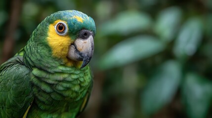 Obraz premium A stunning close-up of a vibrant green parrot, adorned with bold yellow markings, against a lush green background, emphasizing its beauty and natural grace.