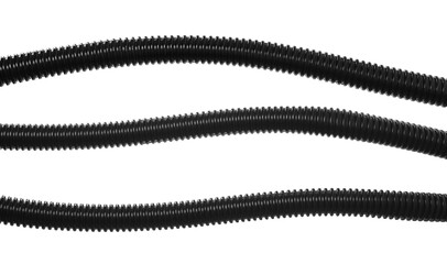 Set black flexible ribbed plastic hose isolated on white background, clipping path
