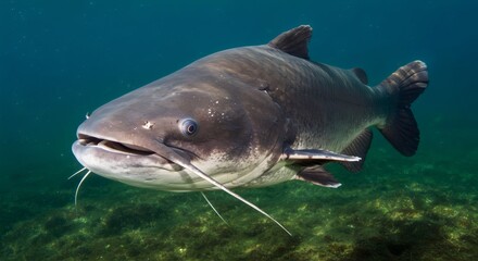 Naklejka premium Freshwater Fishing Insight: Underwater Shot of a Catfish in Action, Capturing Movement and Camouflage